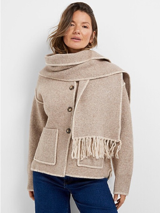 Simons Sweaters - NWOT Neutral Beige Fringe Scarf Cardigan